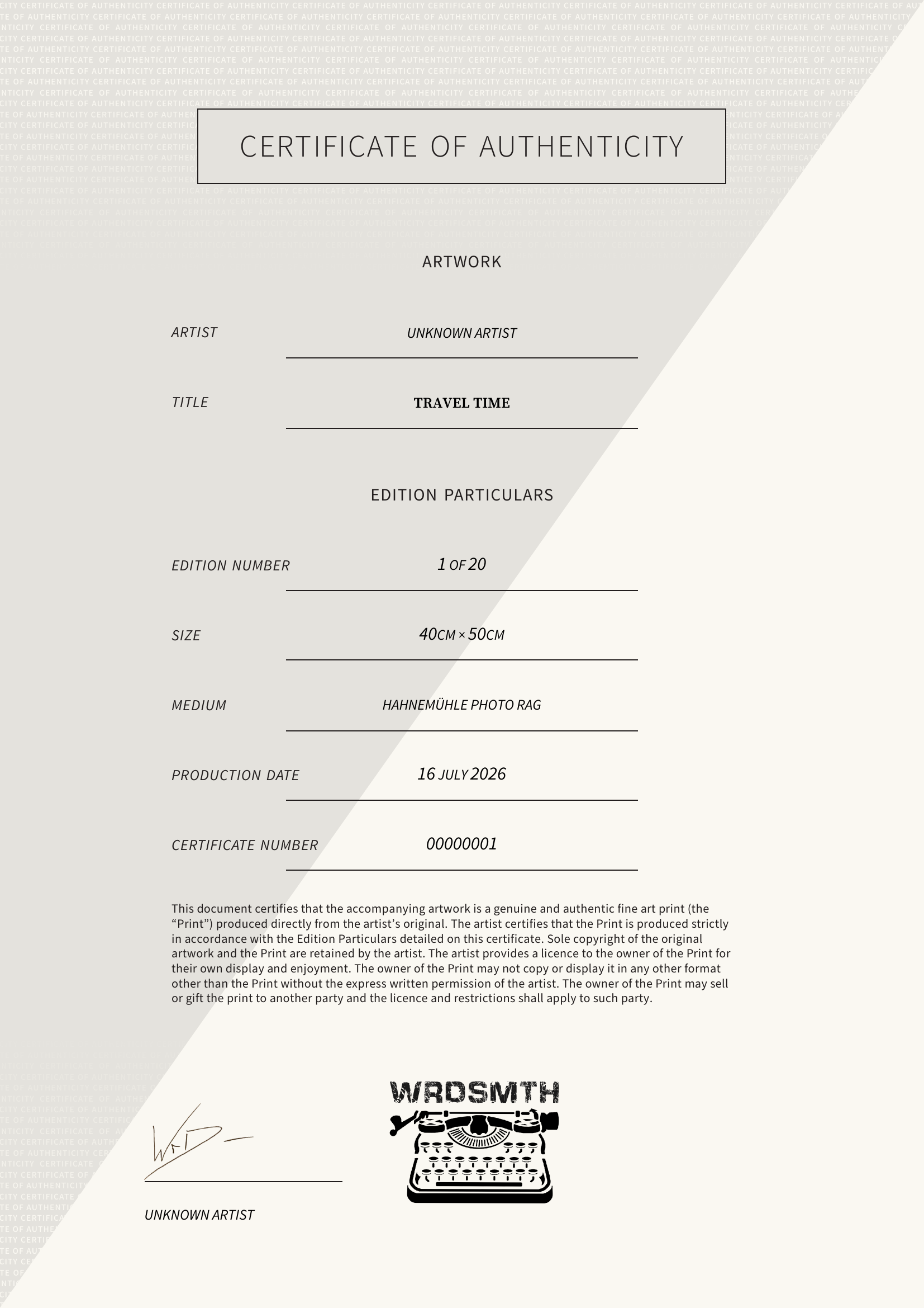 Travel Time — Certificate of Authenticity
