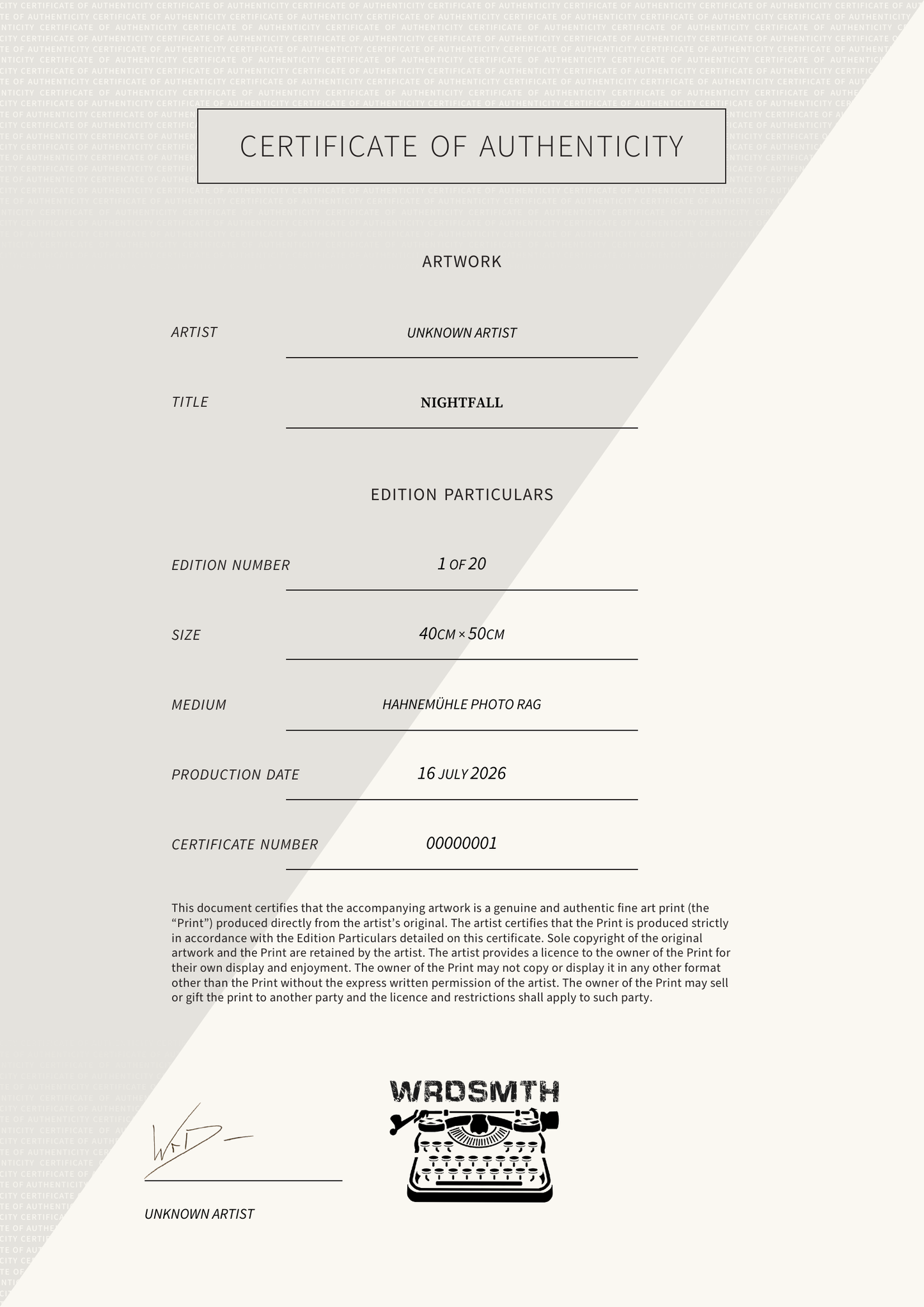 Nightfall — Certificate of Authenticity
